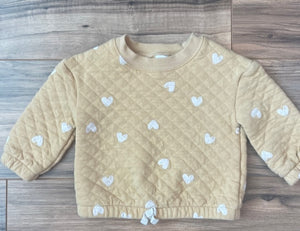 12m Carter's pale yellow quilted sweatshirt with hearts