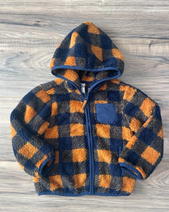 24m Little Me topaz/navy soft sherpa gingham zip hoodie with front pocket