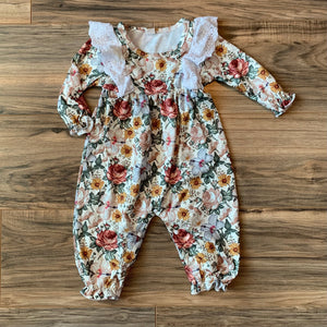 18-24m comparable Unbranded Floral Long Sleeve Romper with Eyelet Ruffle Shoulders