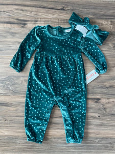 NEW 6/9m Cat & Jack green velour pant romper and matching head wrap