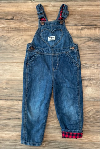 2T OshKosh buffalo plaid flannel lined denim pant overalls with heart pocket