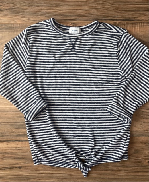 Size Small (6-7) Old Navy blue/white Striped Cozy & Soft Sweater Shirt with Tie Bottom