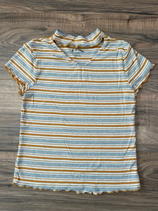 6x Art Class striped ribbed shirt with keyhole neckline and lettuce edge