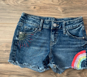 Size Medium (7/8) Cat & Jack denim shorts with sun & rainbow fringe details