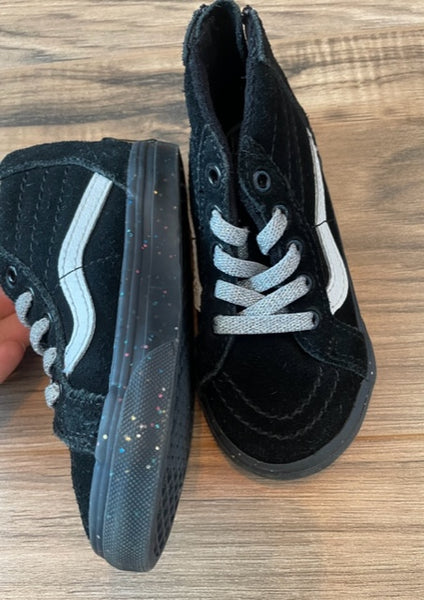 Size 7 high-top Vans with silver stretch shoe laces and rainbow sparkle sole