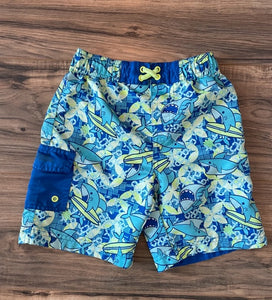 Size 5 UV Skinz neon green and blue tropical shark board/swim shorts