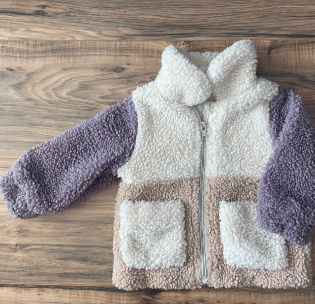 6-9m H&M collared cream, tan, and lavender teddy jacket