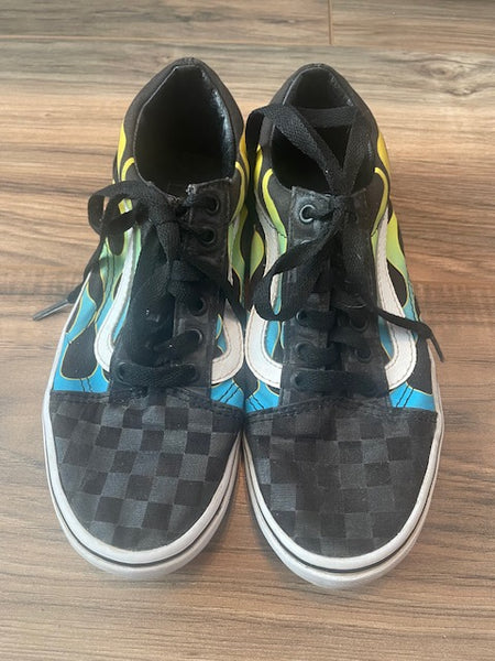 Size 3Y (also size 4.5-5 women's) VANS checkerboard and colorful flames sneakers