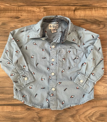 24m Original Penguin L/S blue w/penguin print button down shirt