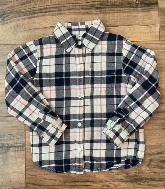 3T Carter's cream/navy/pink/metallic plaid flannel shirt