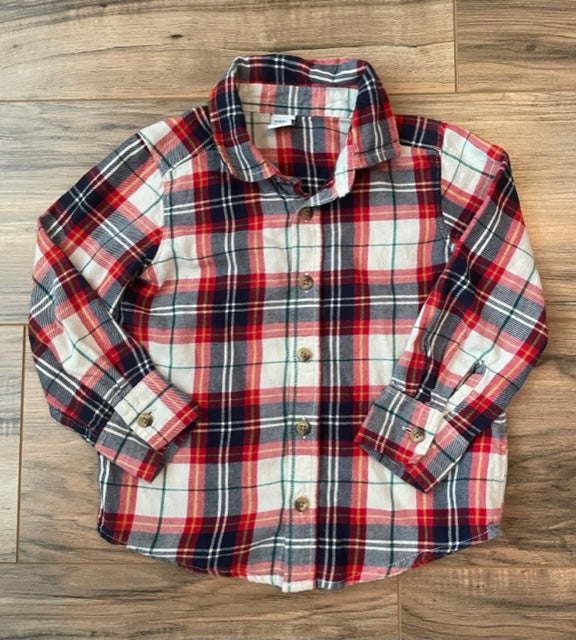3T Old Navy cream/red/navy/green plaid flannel shirt