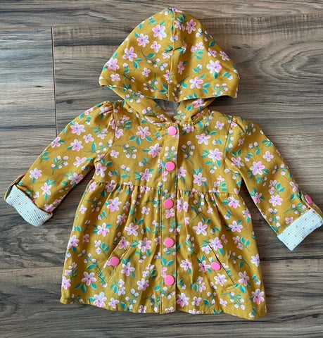 6/9m Little Lass mustard hooded floral coat w/pockets
