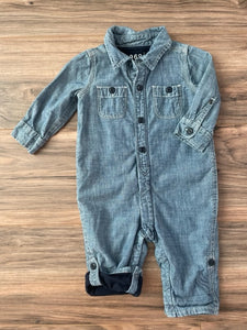6-12m GAP chambray jersey lined button up romper w/ adjustable pant lengths