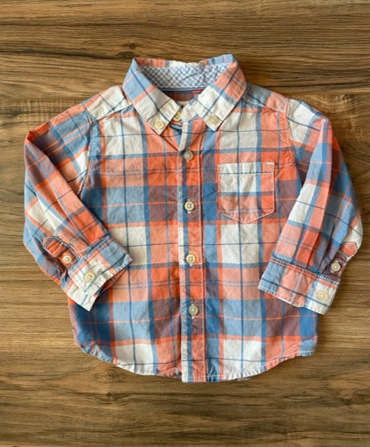 9m Carter's L/S salmon/blue/white checkered button down shirt