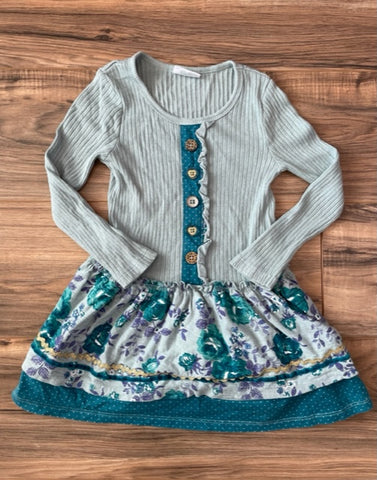 Size 3 Naartjie Kids long sleeve ribbed blue dress with layered floral skirt