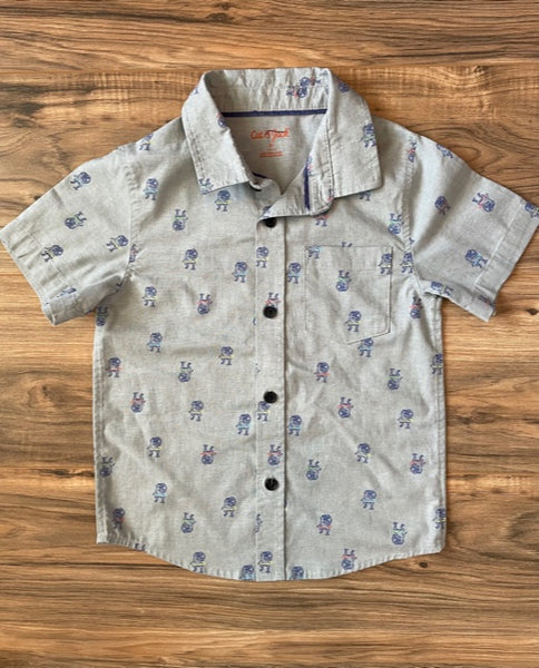 5T Cat & Jack gray chambray w/dinosaurs hula hooping button down shirt