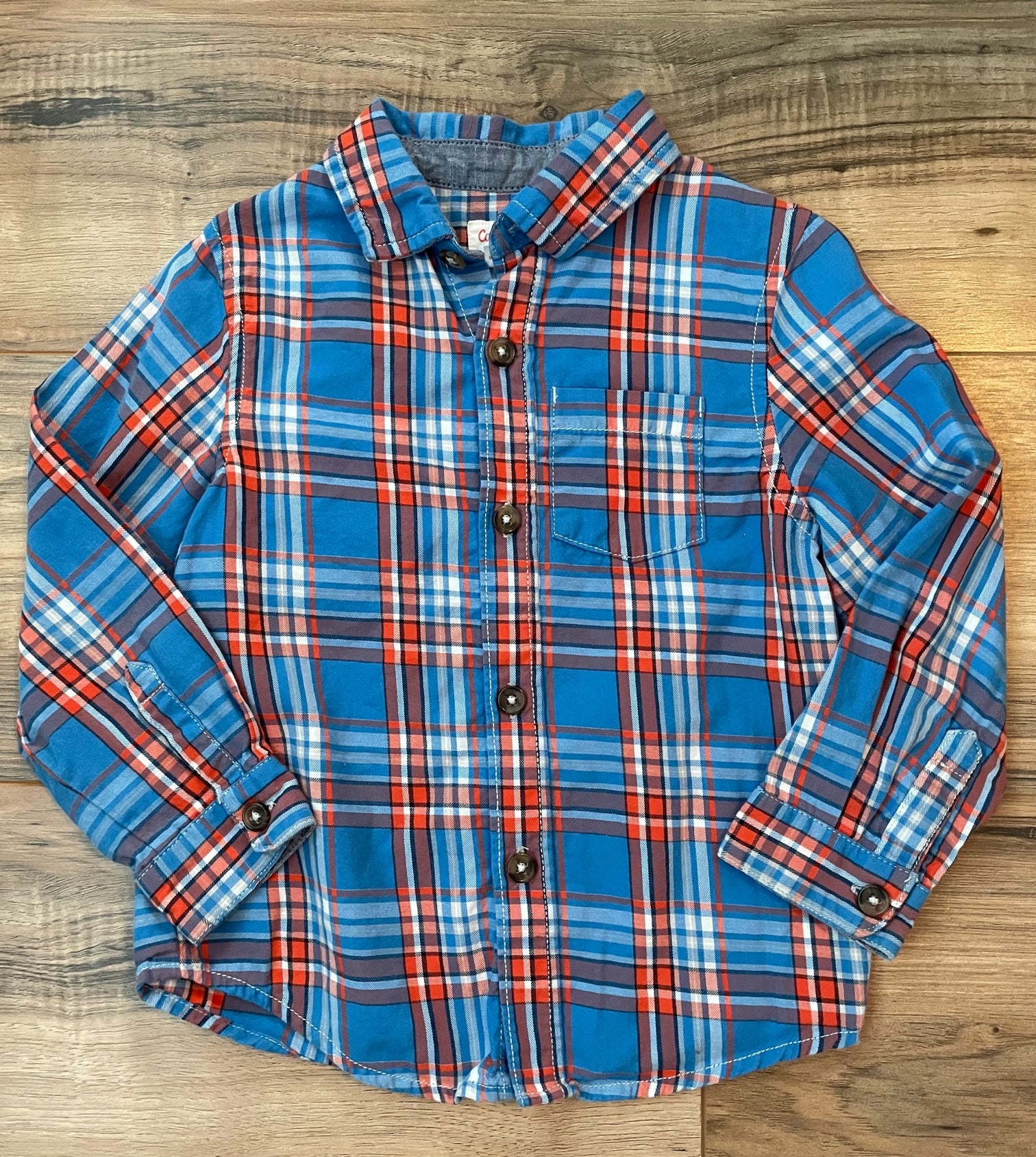 3T Cat & Jack blue and orange plaid long sleeve button down shirt