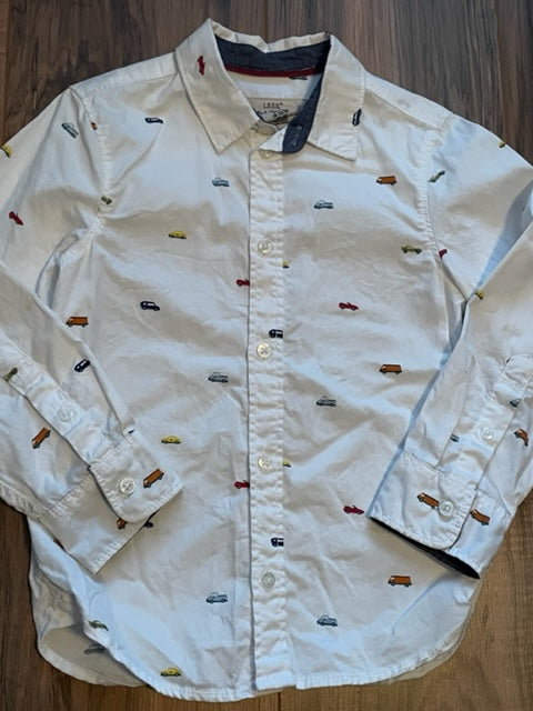 4-5Y (4-5T) H&M Label of Graded Goods white button-down poplin shirt with car and truck details