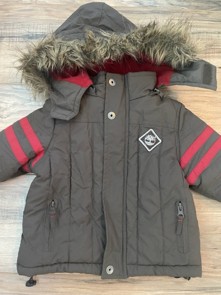 12m Timberland brown/red fleece lined hooded snow jacket + matching snow bib