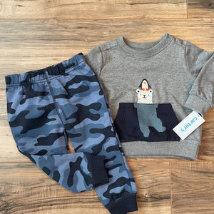 NEW 12m Carter's (2-piece set) polar bear and penguin sweatshirt with blue camo pants