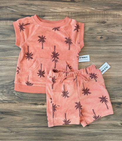 NEW 12-18m Old Navy orange terry cloth palm tree shorts and top set