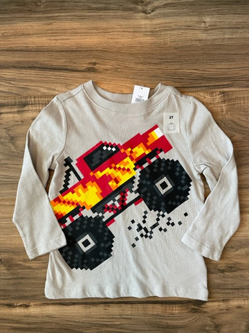 NEW 2T Old Navy L/S gray pixelated monster truck shirt